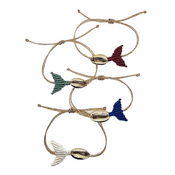 Βραχιόλι ουρά γοργόνας μακραμέ με κοχύλι επίχρυσο (mermaid tail bracelet macrame) - μακραμέ, γοργόνα, χεριού, αυξομειούμενα