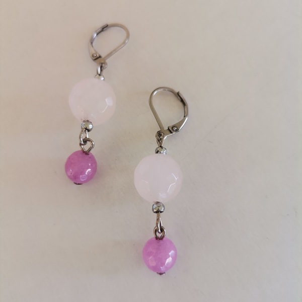 Κρεμαστά σκουλαρίκια με ροζ και μωβ νεφρίτη - ημιπολύτιμες πέτρες, επάργυρα, ατσάλι, κρεμαστά - 5