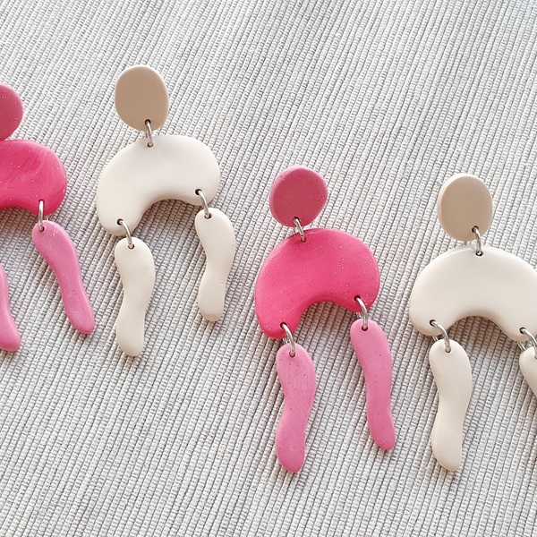 Σκουλαρίκια απο πηλό σε ροζ χρώμα - πηλός, κρεμαστά, polymer clay, φθηνά - 3