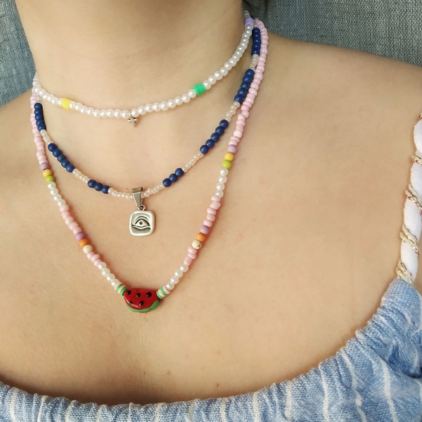 Summer pearl necklace - σταυρός, ατσάλι, boho, πέρλες - 3