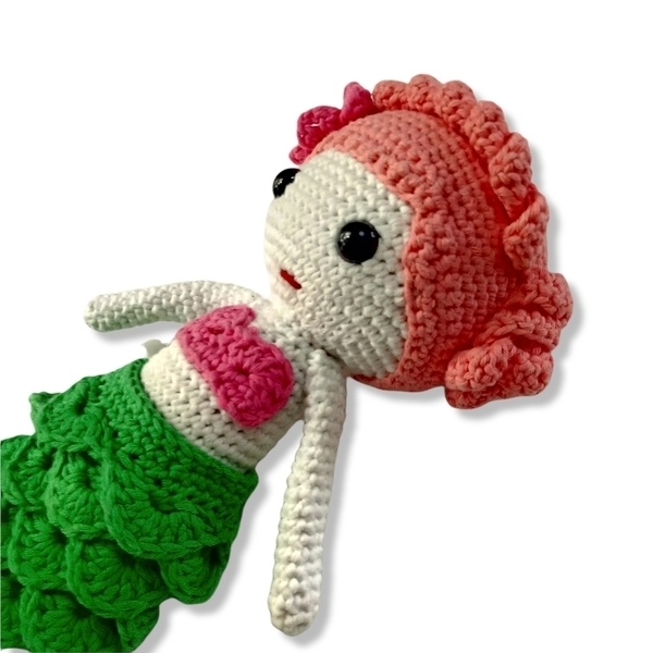 Πλεκτή κούκλα Γοργόνα amigurumi με ροζ μαλλιά - ύψος 38 εκ. - δώρο, crochet, λούτρινα, γοργόνα, διακοσμητικά - 5