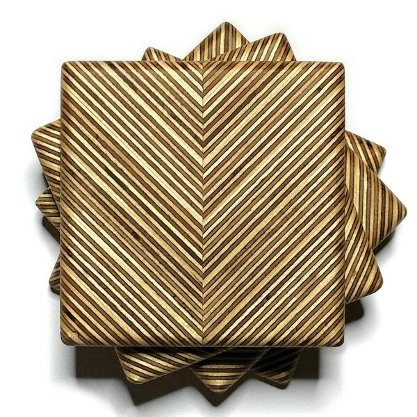 Σουβέρ ξύλινα χειροποίητα μοτίβα ψαροκόκαλό από κόντρα πλακέ σετ 4 τεμαχίων - ξύλο, σουβέρ, γεωμετρικά σχέδια, πιατάκια & δίσκοι - 2
