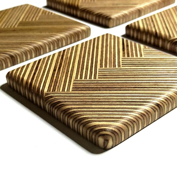 Σουβέρ ξύλινα χειροποίητα μοτίβα ψαροκόκαλο κόντρα πλακέ σετ 4 τεμαχίων - σουβέρ, γεωμετρικά σχέδια, ξύλινα σουβέρ