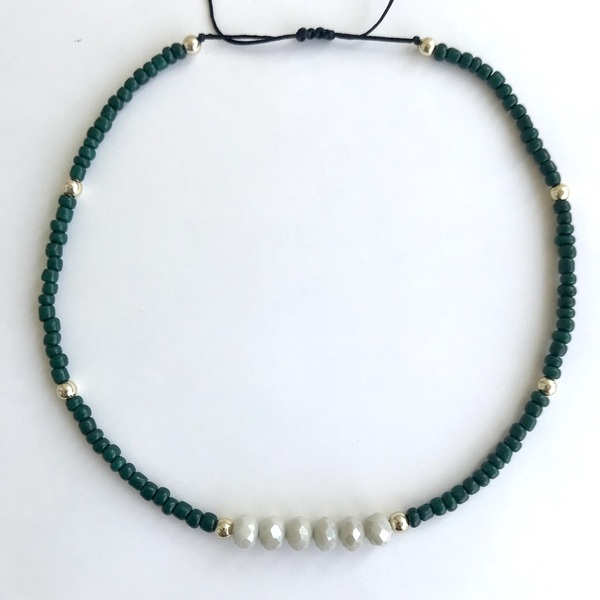 Κολιέ πράσινο με λευκά ιβουάρ κρύσταλλα - γυναικεία, τσόκερ, χάντρες, κοντά, boho, seed beads - 4
