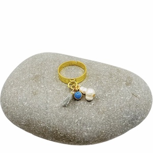 Δαχτυλίδι με κρεμαστά - Pearly blue - μαργαριτάρι, επιχρυσωμένα, ατσάλι, boho, αυξομειούμενα