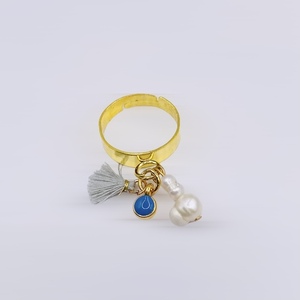 Δαχτυλίδι με κρεμαστά - Pearly blue - μαργαριτάρι, επιχρυσωμένα, ατσάλι, boho, αυξομειούμενα - 2
