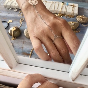 Boho βραχιόλι-δαχτυλίδι ατσάλινο με ροζ φίλιγκρι - αλυσίδες, ατσάλι, boho, χεριού - 2