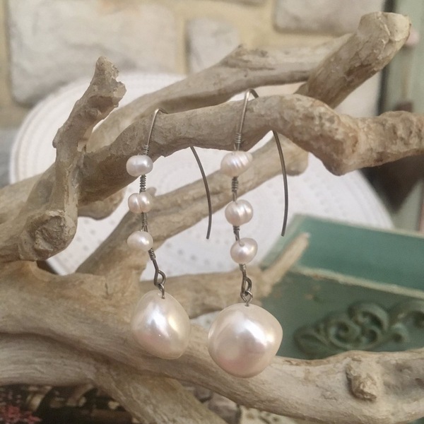 Ατσάλινα σκουλαρίκια με φίλντισι και μαργαριτάρια - ημιπολύτιμες πέτρες, ατσάλι, κρεμαστά, μεγάλα - 2