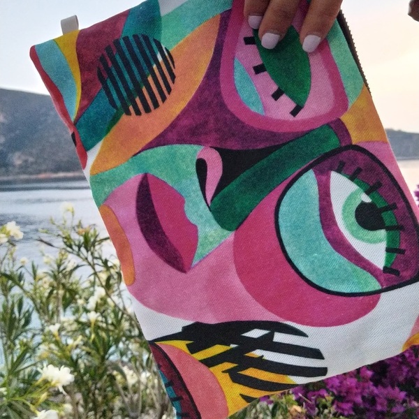 Abstract Face Pouch - πολύχρωμο τσαντάκι νεσεσέρ - αδιάβροχο, απαραίτητα καλοκαιρινά αξεσουάρ, καλλυντικών, ταξιδίου - 5
