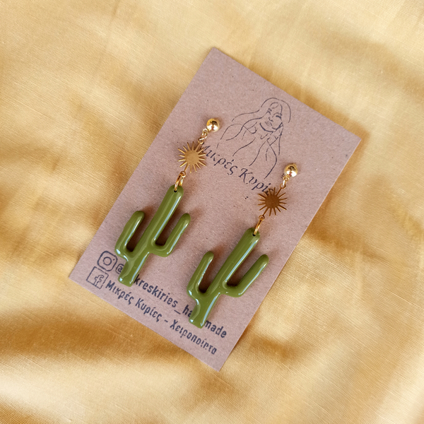 "Ευφορβία" πράσινα σκουλαρίκια κάκτοι - ορείχαλκος, πηλός, boho, κάκτος, κρεμαστά - 2