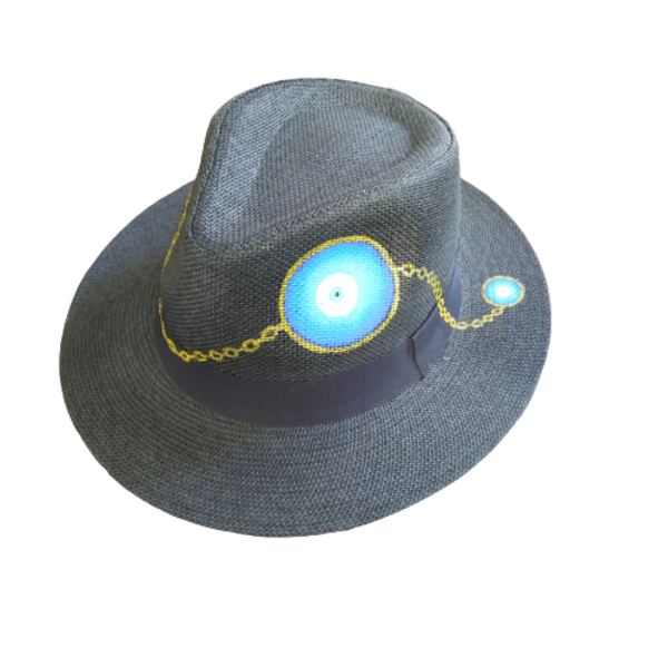 Evil eye hat - ζωγραφισμένα στο χέρι, χειροποίητα, απαραίτητα καλοκαιρινά αξεσουάρ, ψάθινα