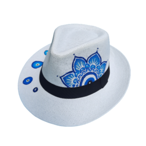 Blue Mandala - ζωγραφισμένα στο χέρι, απαραίτητα καλοκαιρινά αξεσουάρ, καπέλο, ψάθινα