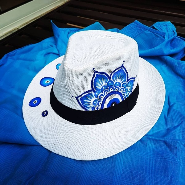 Blue Mandala - ζωγραφισμένα στο χέρι, απαραίτητα καλοκαιρινά αξεσουάρ, καπέλο, ψάθινα - 3