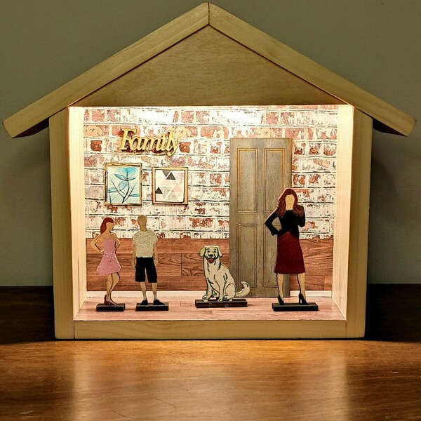 Ξύλινο χειροποίητο διακοσμητικό φωτιστικό σπίτι οικογένεια με άσπρο τούβλο - δώρο, διακόσμηση, διακοσμητικά - 4
