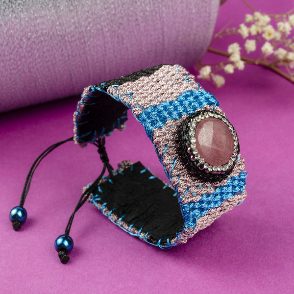 ATHINA MAILI - Φαρδύ υφαντό βραχιόλι με ροζ αχάτη κεντημένο στο χέρι με ημιπολύτιμες πέτρες - δέρμα, ημιπολύτιμες πέτρες, υφαντά, boho, χεριού, αυξομειούμενα, φαρδιά - 2