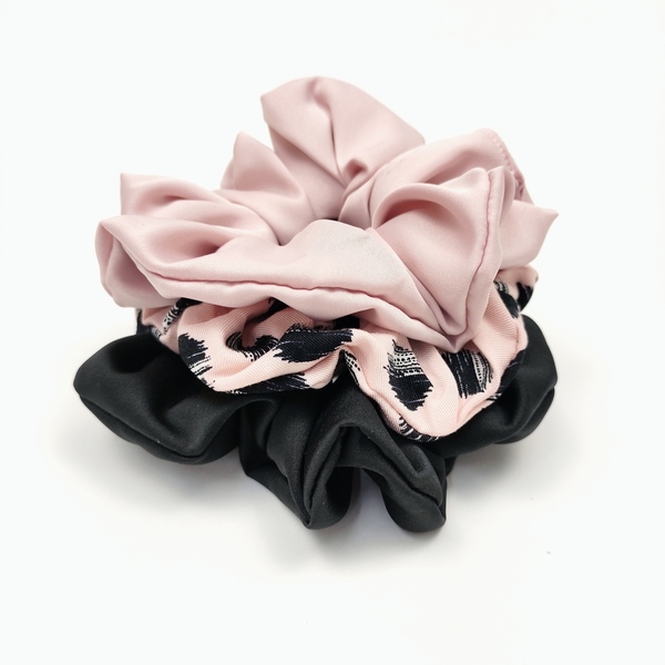 Σετ από 3 μεγάλα Scrunchies Ροζ - Πουά - Μαύρο - δώρο, δώρα για γυναίκες, λαστιχάκια μαλλιών