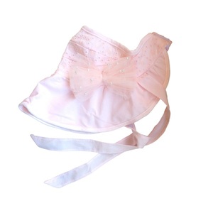 Παιδικό ροζ μπροντερί καπελάκι στολισμένο με τούλινο φιόγκο και πέρλες - ύφασμα, φιόγκος, δαντέλα, καπέλα