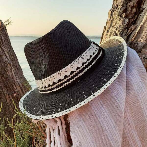 Custom / Handpainted καπέλο "Lace & Cream" - απαραίτητα καλοκαιρινά αξεσουάρ, αξεσουάρ παραλίας, δώρα για γυναίκες, ψάθινα