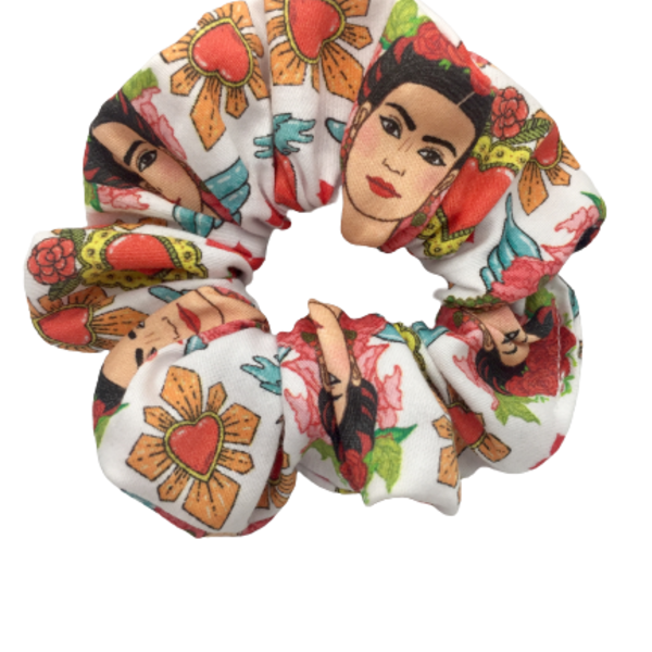 Υφασμάτινο λαστιχάκι scrunchie "Frida" - ύφασμα, για τα μαλλιά, frida kahlo, λαστιχάκια μαλλιών - 3