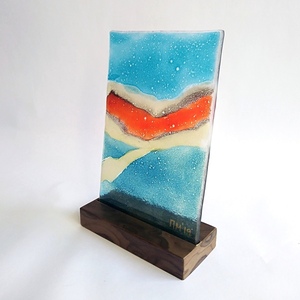 Επιτραπέζιο γυάλινο πινακάκι/ξύλινη βάση "SUNSET 3"22,4x14,2x6 - ξύλο, χρωματιστό, γυαλί, διακοσμητικά, επιτραπέζια - 3