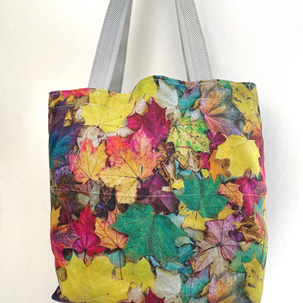 Γυναικεία χειροποίητη τσάντα ώμου / tote bag από ύφασμα με θέμα πλατανόφυλλα - ώμου, all day, θαλάσσης, tote, πάνινες τσάντες - 2