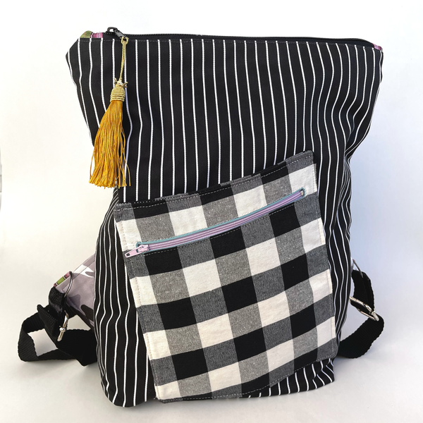 Γυναικεια τσαντα πλατης χειροποιητο backpack απο ύφασμα λευκό και μαύρο - ύφασμα, πλάτης