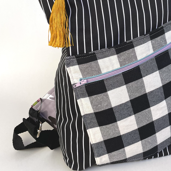 Γυναικεια τσαντα πλατης χειροποιητο backpack απο ύφασμα λευκό και μαύρο - ύφασμα, πλάτης - 2