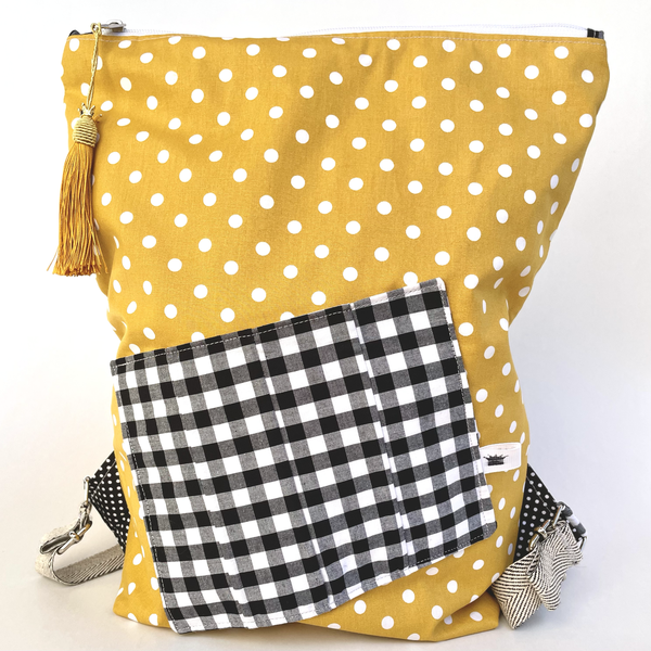 Γυναικεια τσαντα πλατης χειροποιητο backpack απο ύφασμα μουσταρδί πουά - ύφασμα, πλάτης, σακίδια πλάτης