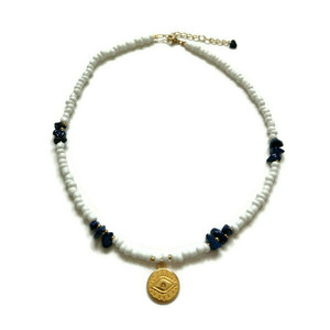 Κολιέ με λευκές χάντρες, χρυσό μάτι και μπλε σκούρο ημιπολύτιμες πέτρες 40cm +5cm - ημιπολύτιμες πέτρες, τσόκερ, μάτι, χάντρες, κοντά, seed beads