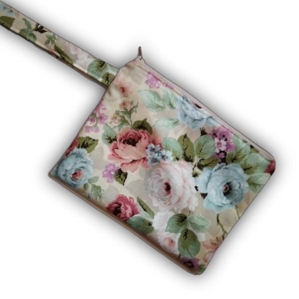 Floral Vintage ρομαντικό μικρό τσαντάκι 16x21, με αδιαβροχη φοδρα, νεσεσερ - ύφασμα, τριαντάφυλλο, λουλούδια, καλλυντικών, ταξιδίου