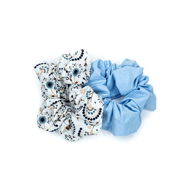 Σετ λαστιχάκια μαλλιών scrunchies ''Graphic Flowers'' και γαλάζιο - ύφασμα, λαστιχάκια μαλλιών