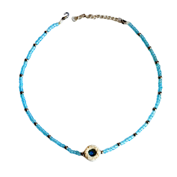 Καλοκαιρινό γαλάζιο κολιέ με άσπρη λάβα - λάβα, τσόκερ, χάντρες, απαραίτητα καλοκαιρινά αξεσουάρ, κοντά, seed beads