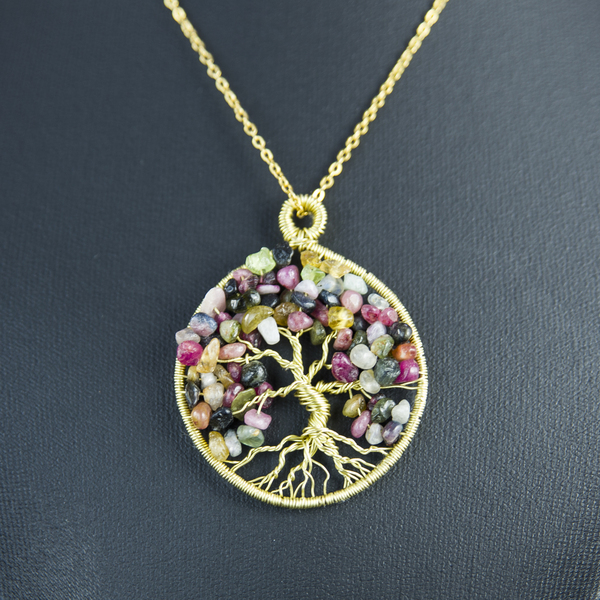 Κολιέ Δέντρο της ζωής με πολύχρωμες λίθους Νεφρίτης. επιχρυσωμένο - μήκος 40εκ. - ημιπολύτιμες πέτρες, επιχρυσωμένα, νεφρίτης, boho, μενταγιόν - 3