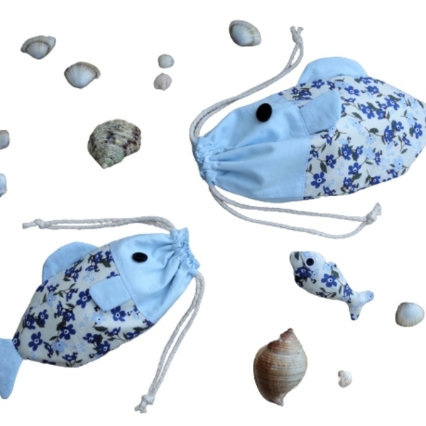 Αδιάβροχο σετ παραλίας με θήκη για μαγιό, θήκη γυαλιών και ψαράκι εντομοαπωθητικό Μπλε φλοράλ - ύφασμα