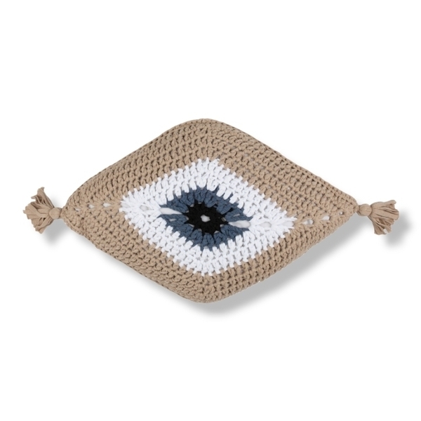 Πλεκτό διακοσμητικό μαξιλάρι "Μάτι" μπεζ - μήκος 65 εκ. - δώρο, boho, μαξιλάρια