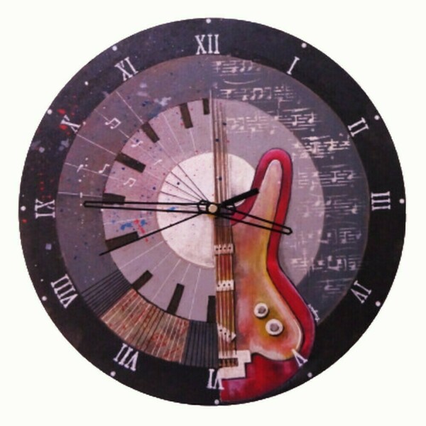 Ξύλινο ρολόι τοίχου με κιθάρα και νότες - ξύλο, τοίχου