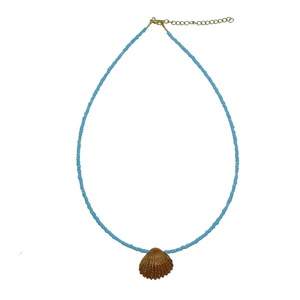 Ατσάλινο κολιέ με κοχύλι από πολυμερικό πηλό - κοντά, ατσάλι, charms, πηλός, seed beads, επιχρυσωμένο στοιχείο, επιχρυσωμένο κούμπωμα