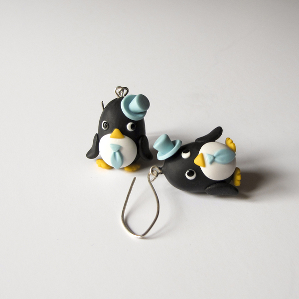 Σκουλαρίκια - πιγκουίνοι - πηλός, κρεμαστά, ζωάκια