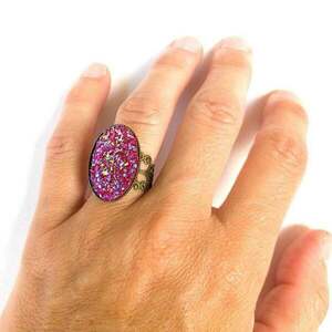 Δαχτυλίδι σε οβάλ μπρούντζινη βάση και ροζ καμπουσόν - plexi glass, μπρούντζος, μεγάλα, αυξομειούμενα, φθηνά - 3