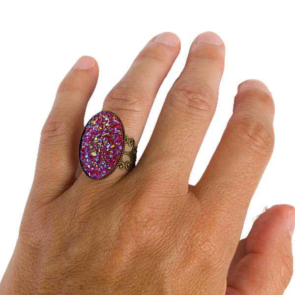 Δαχτυλίδι σε οβάλ μπρούντζινη βάση και ροζ καμπουσόν - plexi glass, μπρούντζος, μεγάλα, αυξομειούμενα, φθηνά - 4
