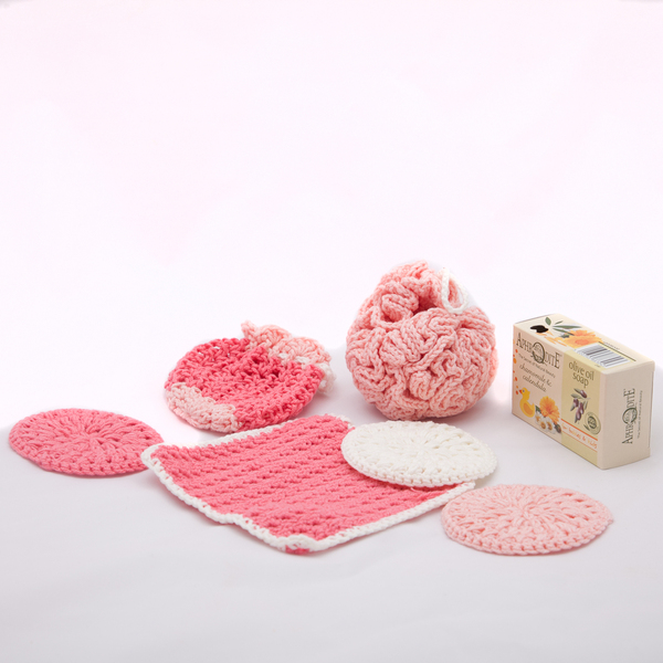 Σετ μπάνιου πλεκτό ροζ για μωρά από φυσικό βαμβάκι - χειροποίητα, βρεφικά, σετ δώρου, 100% φυσικό - 2