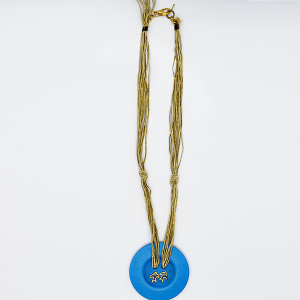 Μπλε ηλεκτρίκ κολιέ με νήμα σε χρυσαφί χρώμα – μήκος 30 εκ - boho - 3