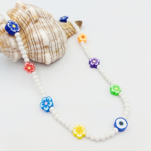 Κολιέ με λευκές γυάλινες χάντρες και πολύχρωμα στοιχεία Φίμο - μάτι, χάντρες, λουλούδι, boho, seed beads, candy - 2