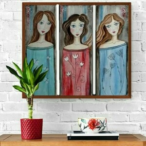 Τρίπτυχος πολύχρωμος πίνακας ζωγραφικής σε καμβά με γυναικείες μορφές "Τρεις Χάριτες" διάστασης 60χ65χ4εκ. - πίνακες & κάδρα, διακόσμηση, πίνακες ζωγραφικής - 2
