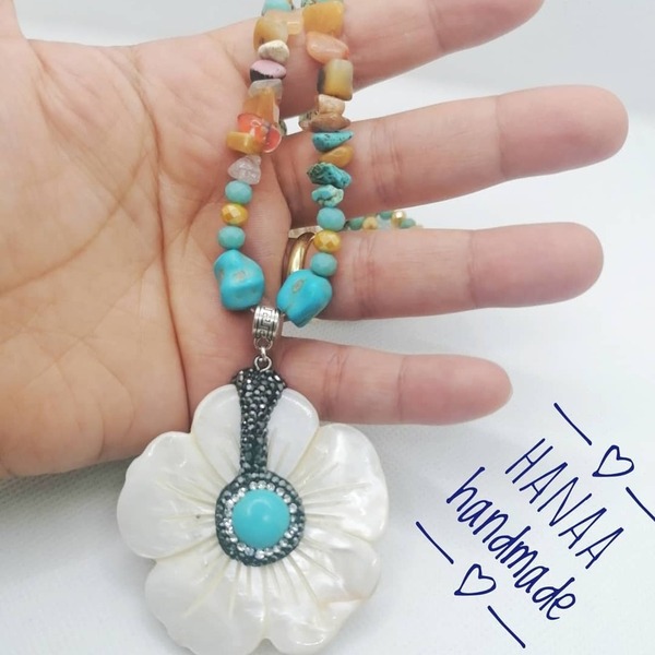 Χειροποίητο Μοναδικό κολιέ Natural Sea shell pendent with turquise beads and mix with natural pearly beads, gemstones, turquoise. - ημιπολύτιμες πέτρες, κοχύλι, μακριά, μεγάλα - 3