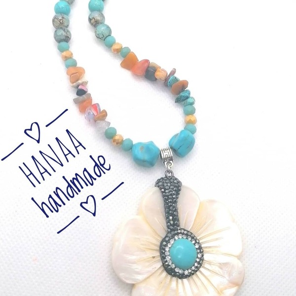 Χειροποίητο Μοναδικό κολιέ Natural Sea shell pendent with turquise beads and mix with natural pearly beads, gemstones, turquoise. - ημιπολύτιμες πέτρες, κοχύλι, μακριά, μεγάλα - 4