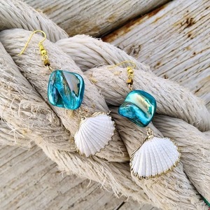 Mermaid σκουλαρίκια με κοχύλια κ φίλντισι - ημιπολύτιμες πέτρες, κοχύλι, μακριά, boho, κρεμαστά - 2