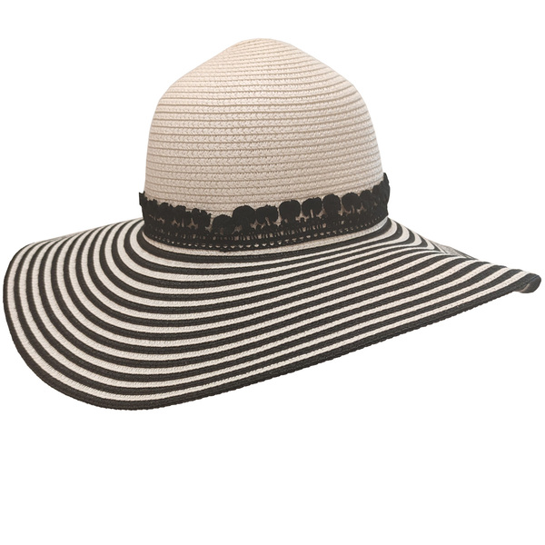 Ψάθινο ριγέ καπέλο με μαύρη τρέσα - ριγέ, boho, νυφικά, ψάθινα