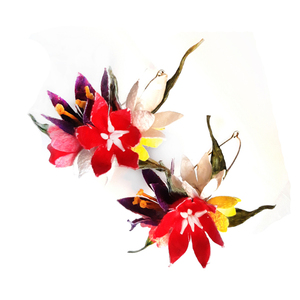 Σκουλαρίκια -κρίκοι με χρωματιστά λουλούδια από κουκούλι μεταξοσκώληκα - κρίκοι, λουλούδι, boho
