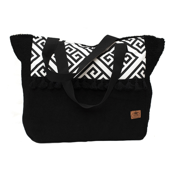 Μαύρη πετσετέ XL χειροποίητη τσάντα με boho pattern - ώμου, μεγάλες, boho, θαλάσσης